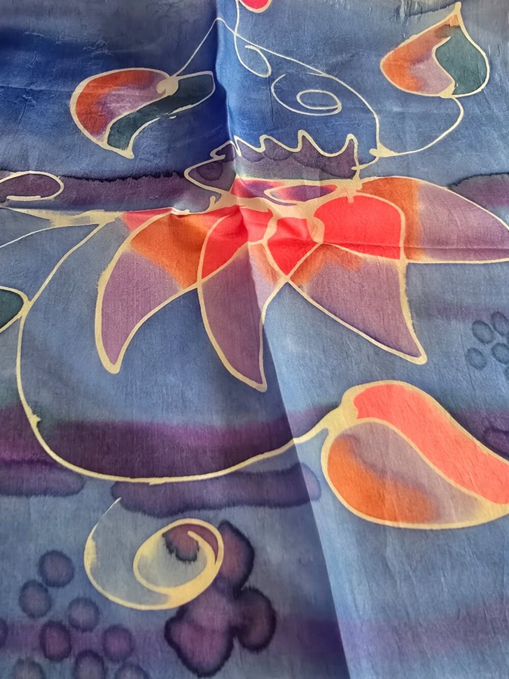 Vintage Hand‑Painted Silk Scarf - Abstract Floral in Blue, Purple & Pinks - Picture 4 of 6